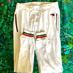 Aviator Nation white sweatpants with rainbow cuff